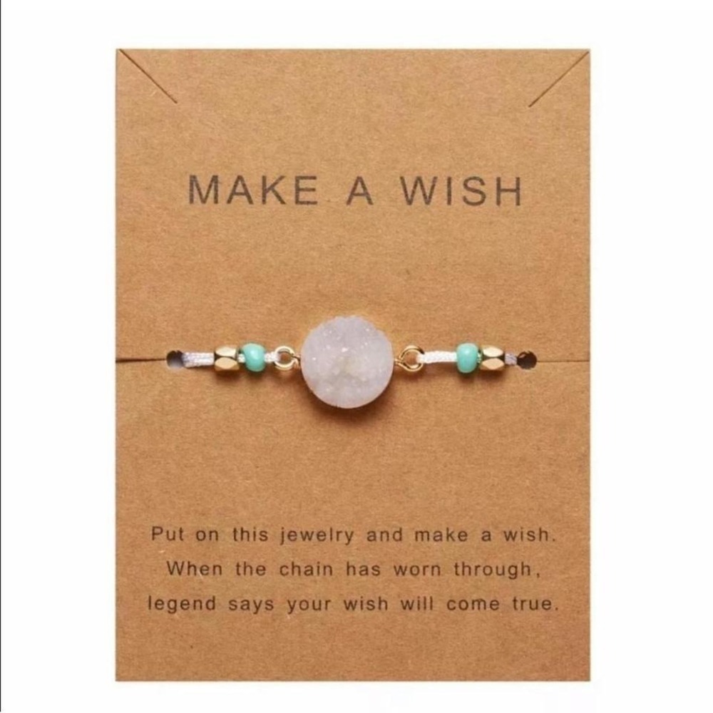 New White & Gold Wish Round Crystal Druzy Stone Boho Beaded Adjustable Bracelet